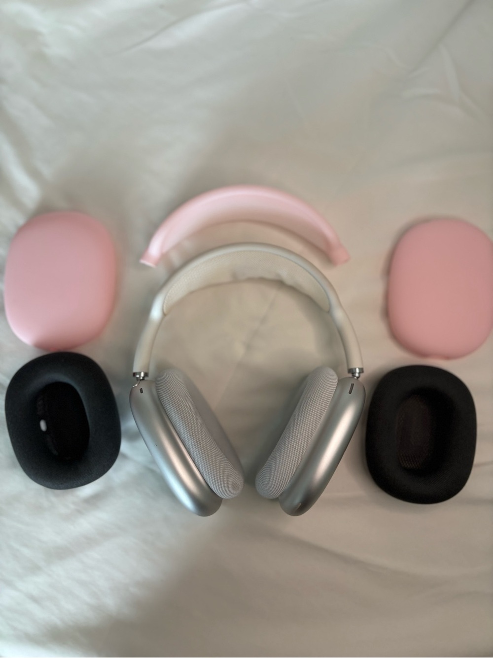 Silver Wireless Over-Ear Headphones with Pink Accessories